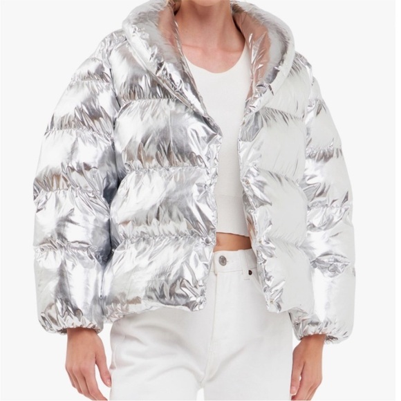 📌 NWT Endless Rose silver faux down padded design metallic puff jacket - Picture 3 of 4